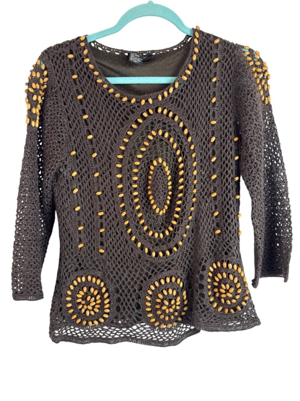 Boho Festival Peck & Peck Brown Crochet Knit Beaded Women's Medium Fall